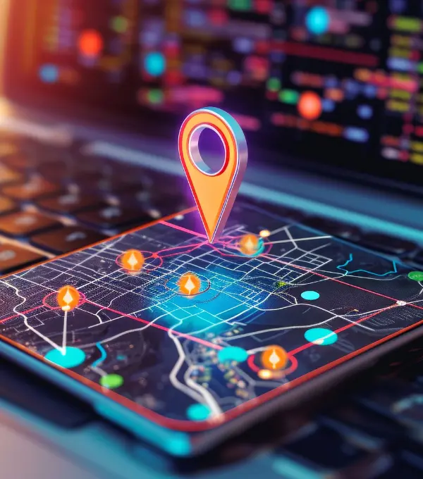 Local SEO and location-based marketing concept showing map targeting and geo pins