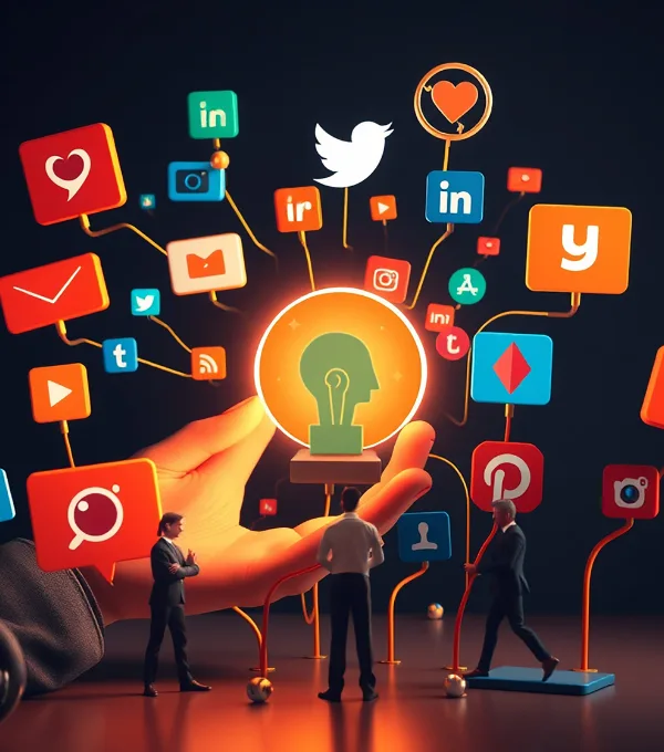 Creative social media marketing strategy concept with connected platform icons and branding ideas