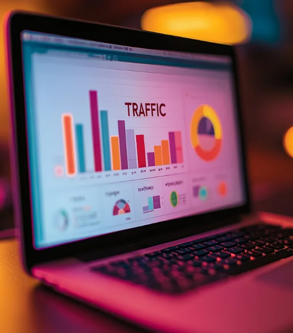 Website traffic analytics dashboard displaying charts and performance data on laptop