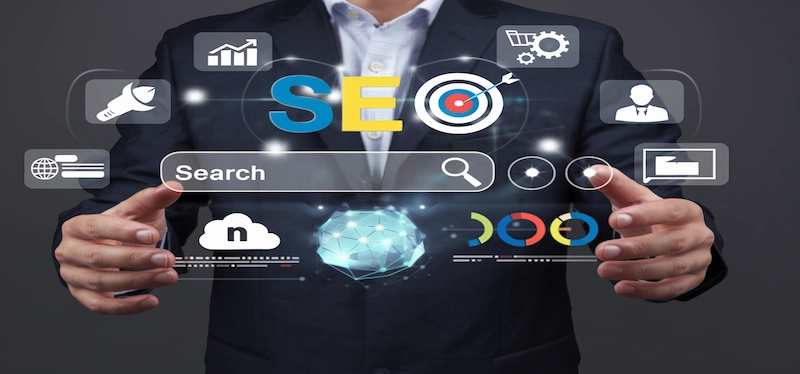 SEO search engine optimization strategy with keyword targeting and performance icons