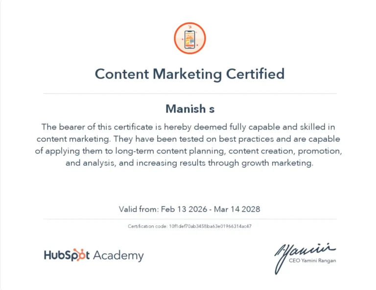 Content marketing certification earned by digital marketing freelancer in Kerala through HubSpot Academy