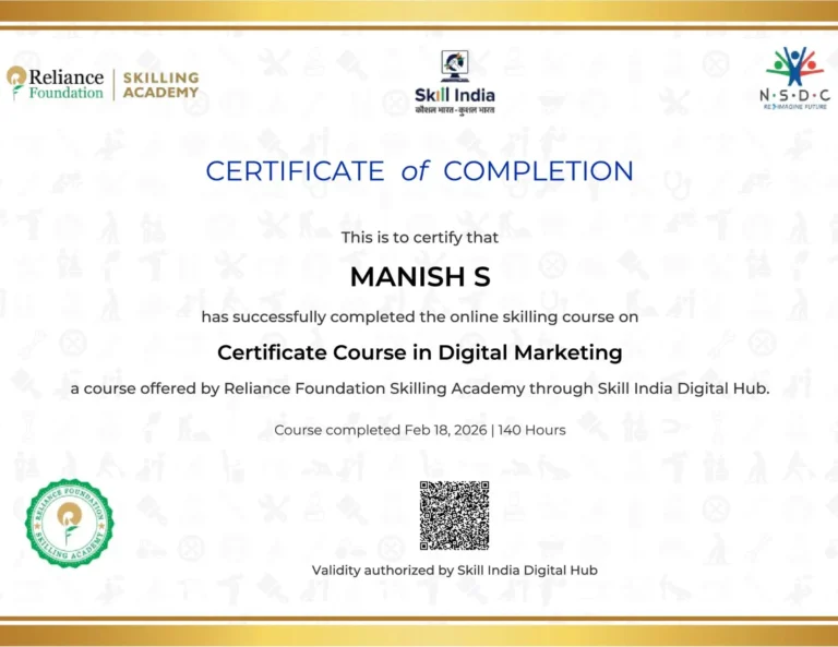 Digital marketing expert certificate issued by Reliance Foundation under Skill India program