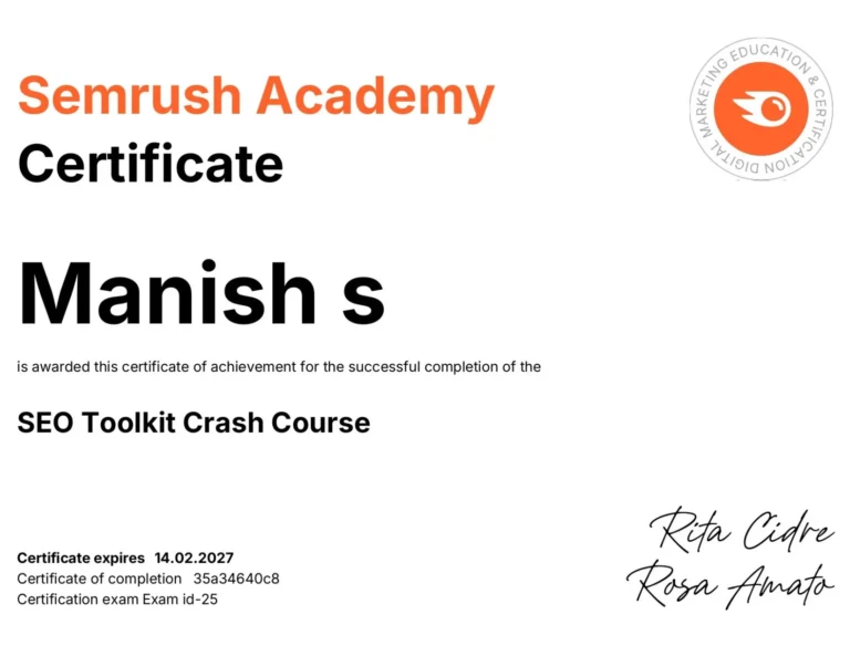 Semrush SEO Toolkit Crash Course certification earned by SEO expert in Kerala