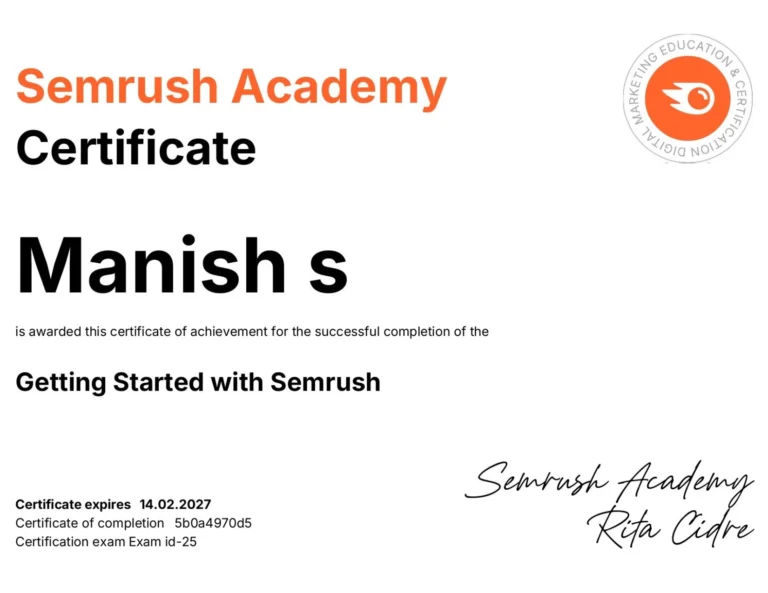 Semrush Academy certification earned by SEO expert in Kerala